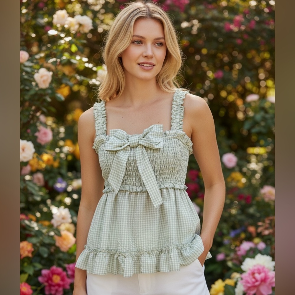 ROMWE GREEN & WHITE GINGHAM BOW RUFFLE HEM BABY DOLL SMOCKED SHORT TOP SIZE L